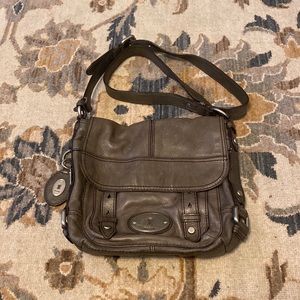 Dark Grey Leather Fossil crossbody bag silver hardware